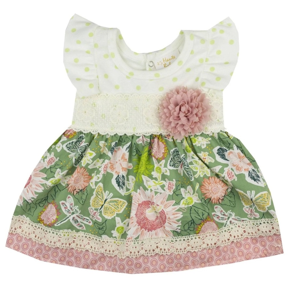 NWT Haute Baby April Meadow Diaper Dress with Pink Flower Accent. 12 Month.